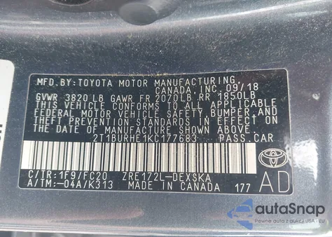 2019 Toyota Corolla Se from USA, damaged, VIN 2T1BURHE1KC177683
